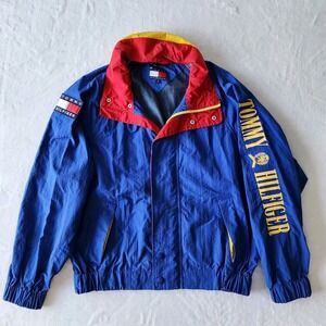 VTG Tommy Hilfiger Jacket Medium Navy Red 90s RARE Spellout Logo Preppy Wu Tang